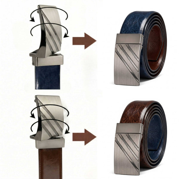 Mens 100% Genuine Leather Belt - STRYVA Smooth Navy Plate (Brown & BLUE Reversible)