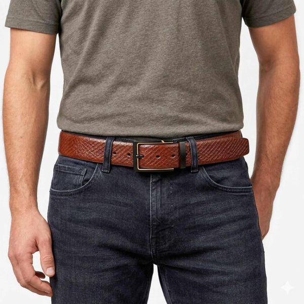 Mens 100% Genuine Leather Belt - AURETOR Basket Weave Emboss (Brown & Black Reversible)