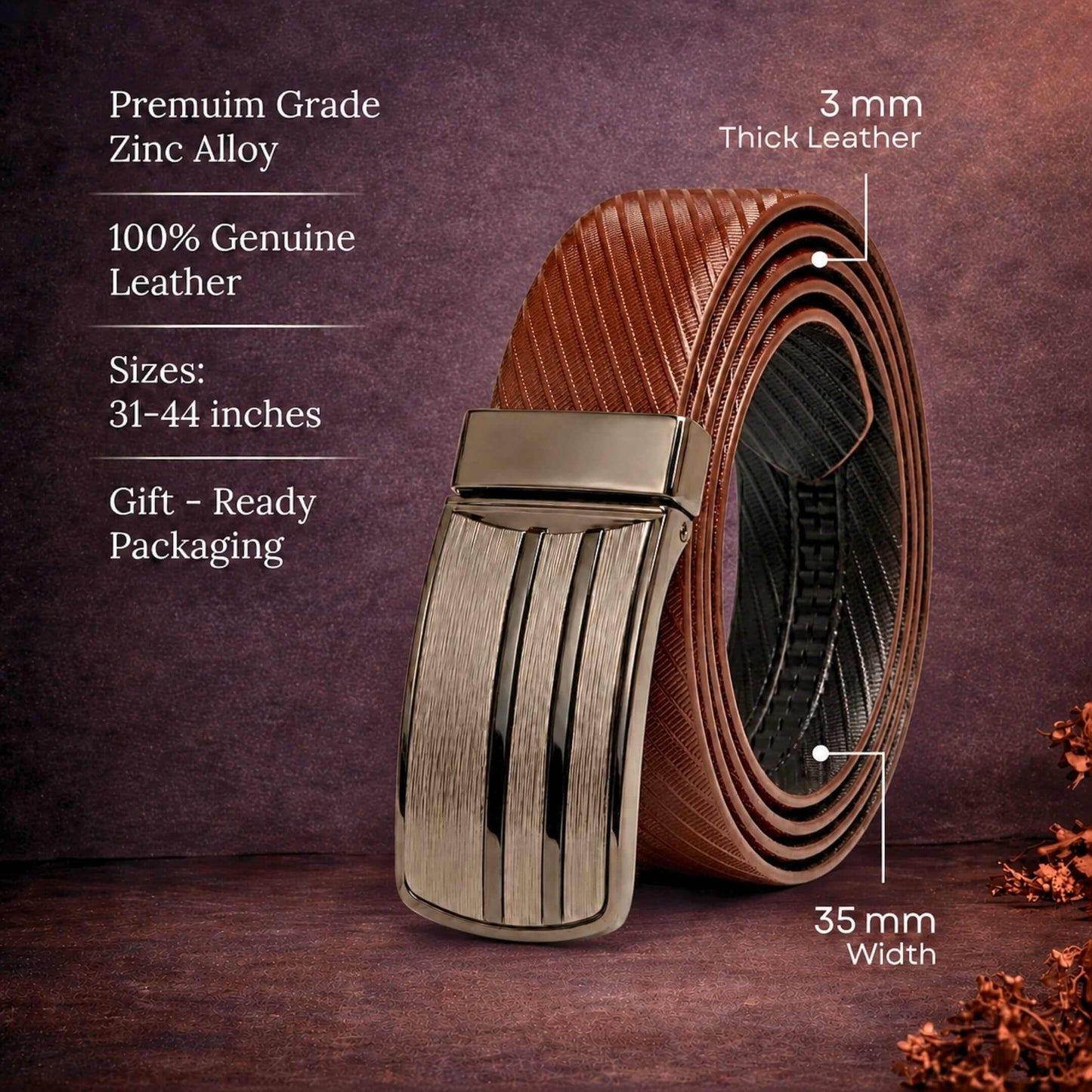 Mens 100% Genuine Leather Belt - AUREX Diagonal Rib Plate (Brown & Black Reversible) — Leather Belts for Men | THE MEN THING