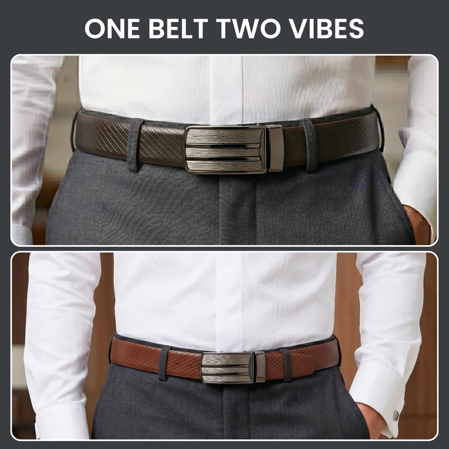 Mens 100% Genuine Leather Belt - AUREX Diagonal Rib Plate (Brown & Black Reversible) — Leather Belts for Men | THE MEN THING