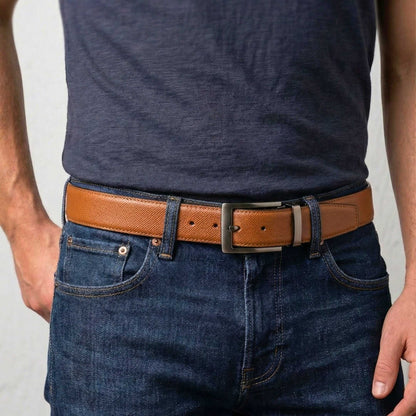 Mens 100% Genuine Leather Belt - AUREXO Fine Grain Tan Core (Brown & Black Reversible) — Leather Belts for Men | THE MEN THING