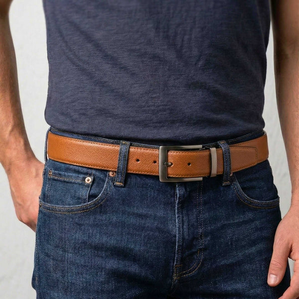 Mens 100% Genuine Leather Belt - AUREXO Fine Grain Tan Core (Brown & Black Reversible)