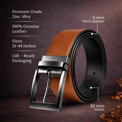 Mens 100% Genuine Leather Belt - AUREXO Fine Grain Tan Core (Brown & Black Reversible) — Leather Belts for Men | THE MEN THING