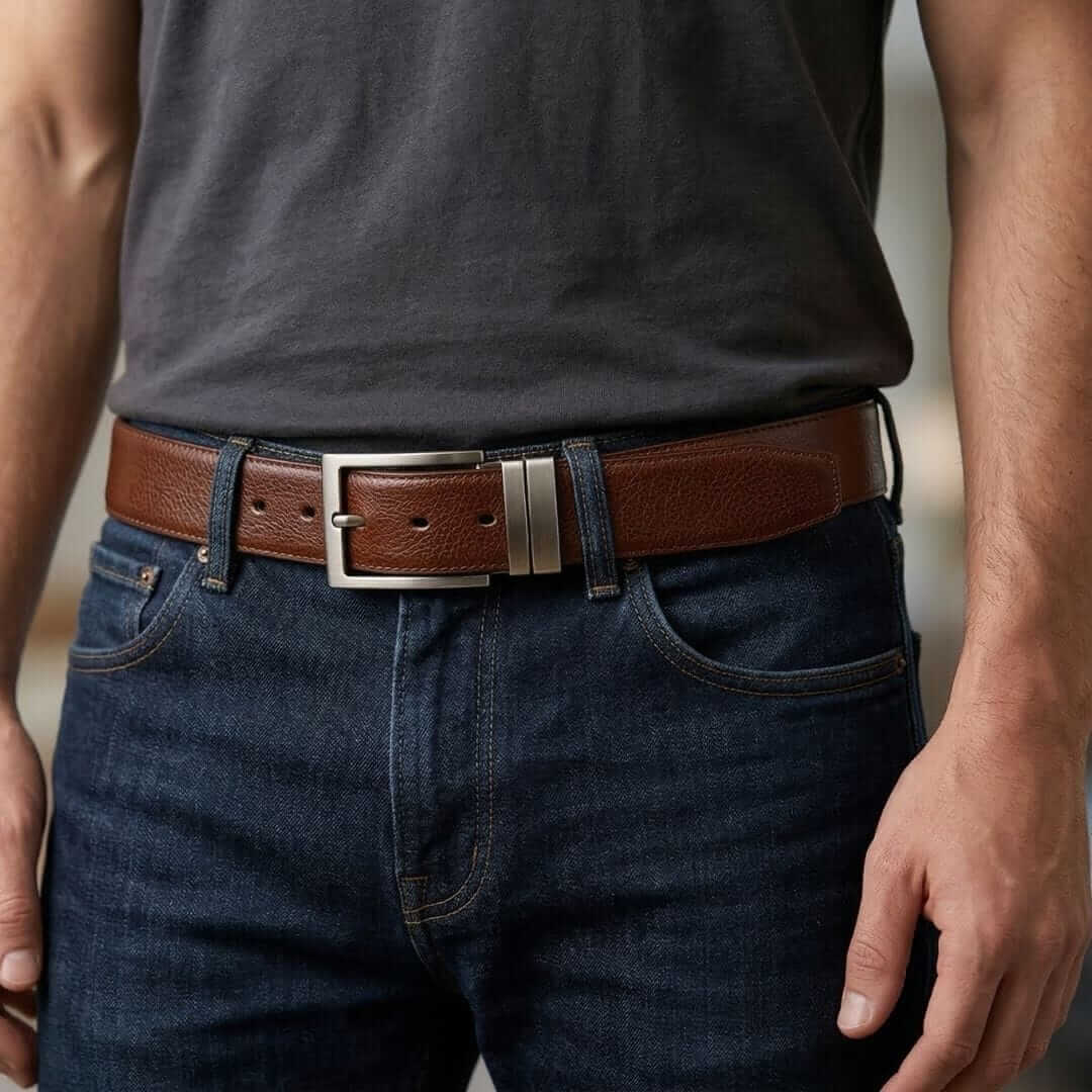 Mens 100% Genuine Leather Belt - AURIVO Croc Emboss (Brown & Black Reversible) — Leather Belts for Men | THE MEN THING