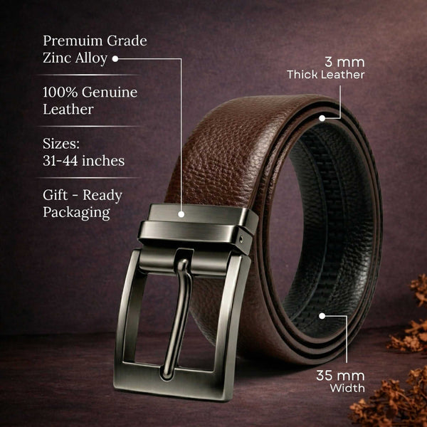 Mens 100% Genuine Leather Belt - AURON Woven Emboss (Brown & Black Reversible)