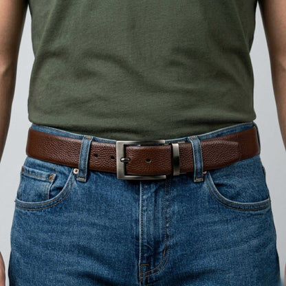 Mens 100% Genuine Leather Belt - AURON Woven Emboss (Brown & Black Reversible) — Leather Belts for Men | THE MEN THING