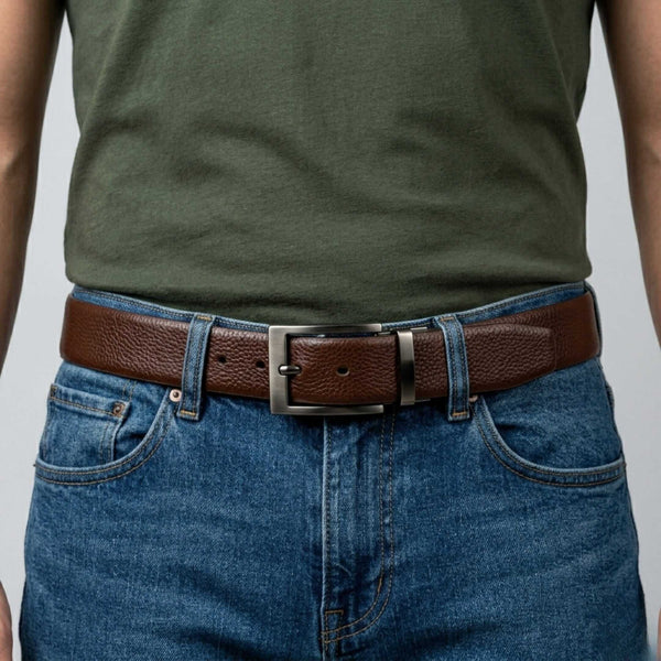 Mens 100% Genuine Leather Belt - AURON Woven Emboss (Brown & Black Reversible)