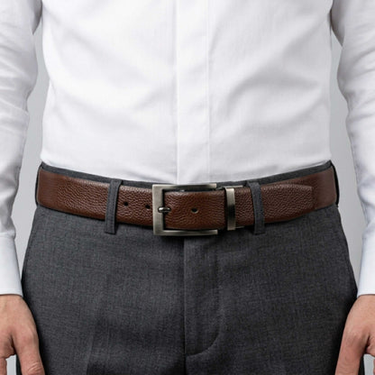 Mens 100% Genuine Leather Belt - AURON Woven Emboss (Brown & Black Reversible) — Leather Belts for Men | THE MEN THING