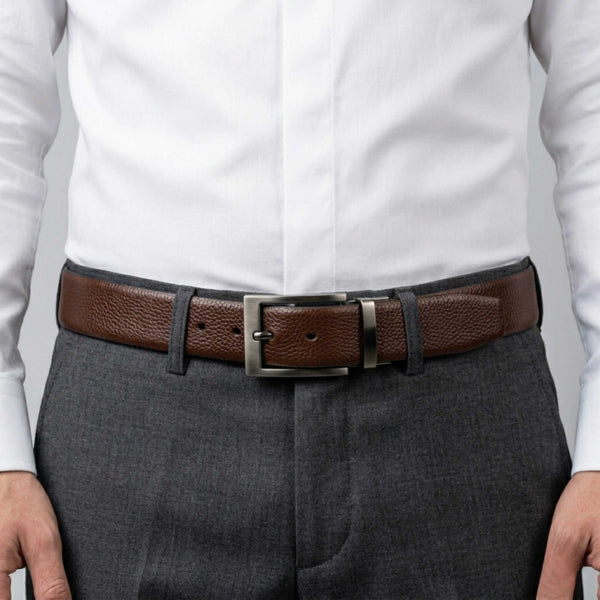 Mens 100% Genuine Leather Belt - AURON Woven Emboss (Brown & Black Reversible)