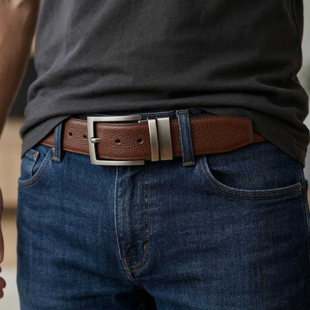Mens 100% Genuine Leather Belt - AURTEX Fine Grain Finish (Brown & Black Reversible) — Leather Belts for Men | THE MEN THING