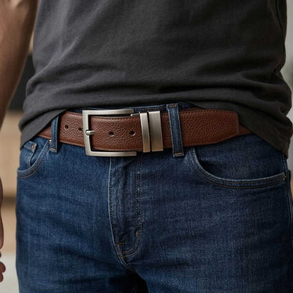 Mens 100% Genuine Leather Belt - AURTEX Fine Grain Finish (Brown & Black Reversible)