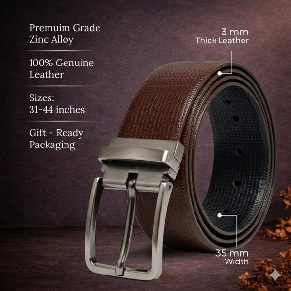Mens 100% Genuine Leather Belt - BREVON Fine Texture (Brown & Black Reversible)