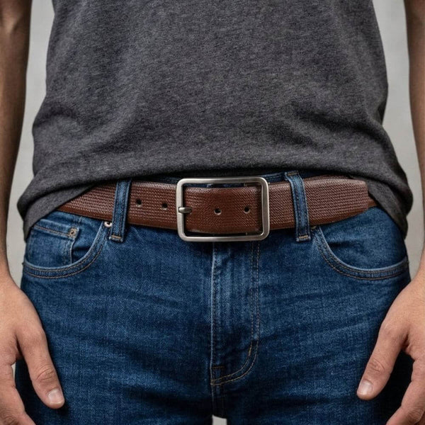 Mens 100% Genuine Leather Belt - BREVON Fine Texture (Brown & Black Reversible)
