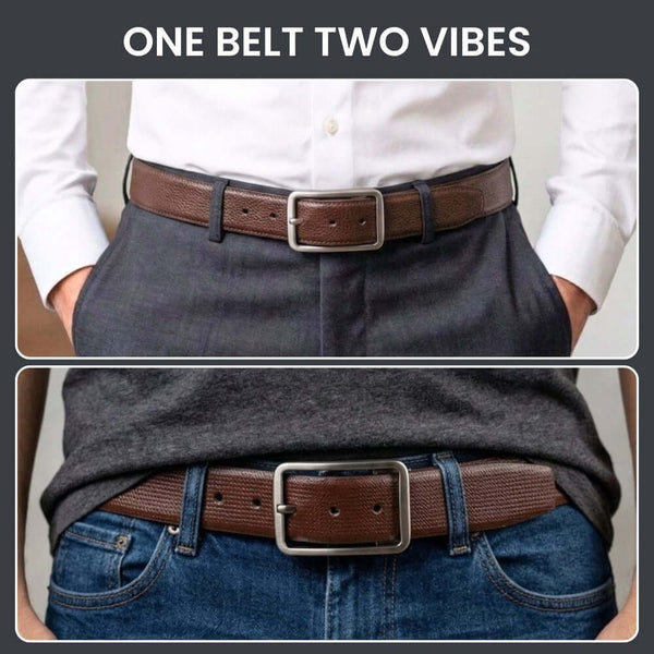 Mens 100% Genuine Leather Belt - BREVON Fine Texture (Brown & Black Reversible)