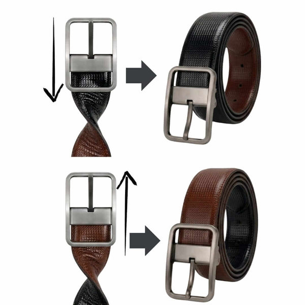 Mens 100% Genuine Leather Belt - BREVON Fine Texture (Brown & Black Reversible)