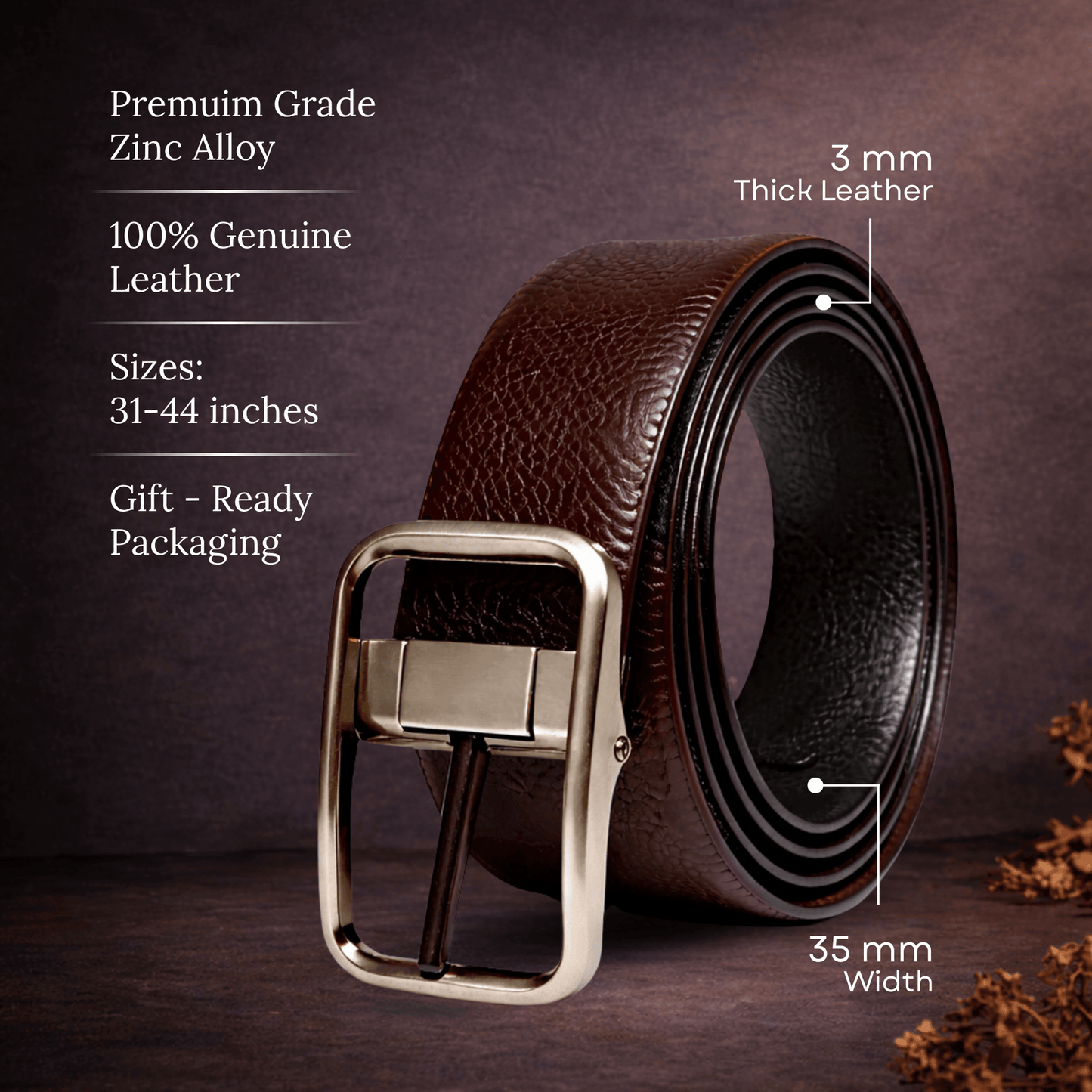 Mens 100% Genuine Leather Belt - COREVA Fine Grain Finish (Brown & Black Reversible) — Leather Belts for Men | THE MEN THING