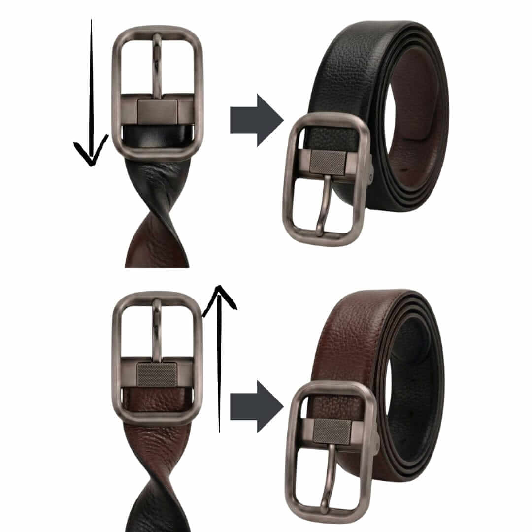 Mens 100% Genuine Leather Belt - COREVA Fine Grain Finish (Brown & Black Reversible) — Leather Belts for Men | THE MEN THING