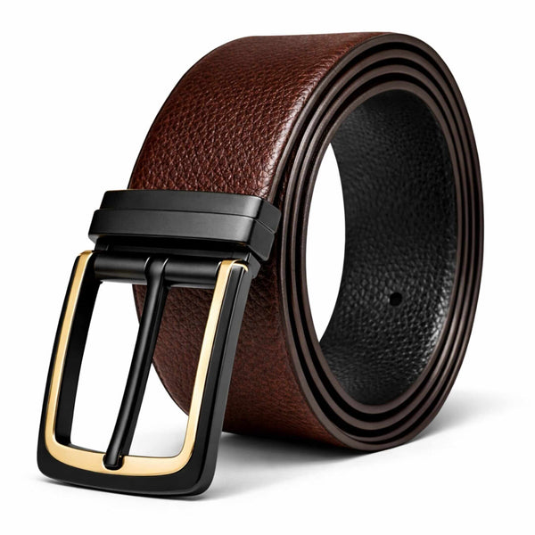 Mens 100% Genuine Leather Belt - DARKLUX Pebble Grain (Brown & Black Reversible)