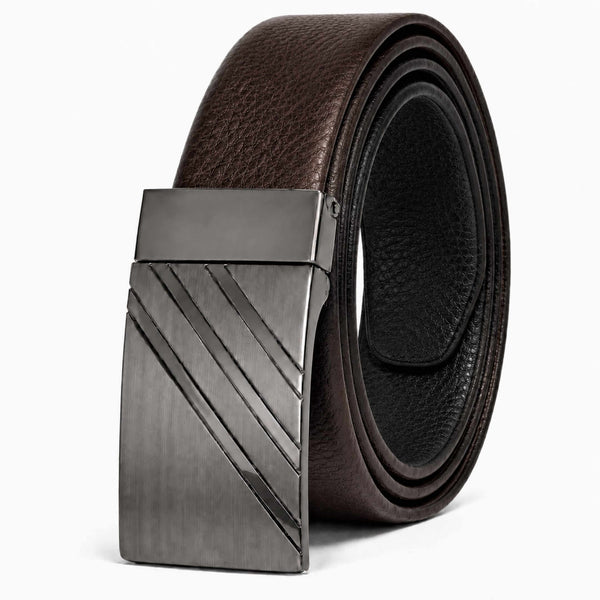 Mens 100% Genuine Leather Belt - DIAGON EDGE Smooth Auto Plate (Brown & Black Reversible)