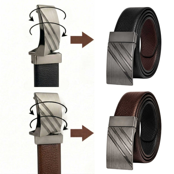Mens 100% Genuine Leather Belt - DIAGON EDGE Smooth Auto Plate (Brown & Black Reversible)