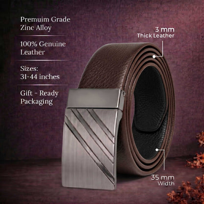 Mens 100% Genuine Leather Belt - DIAGON EDGE Smooth Auto Plate (Brown & Black Reversible) — Leather Belts for Men | THE MEN THING