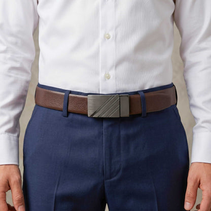 Mens 100% Genuine Leather Belt - DIAGON EDGE Smooth Auto Plate (Brown & Black Reversible) — Leather Belts for Men | THE MEN THING