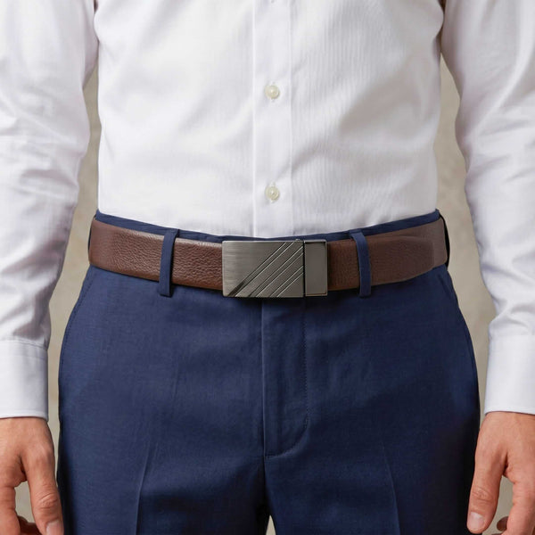 Mens 100% Genuine Leather Belt - DIAGON EDGE Smooth Auto Plate (Brown & Black Reversible)