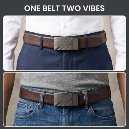 Mens 100% Genuine Leather Belt - DIAGON EDGE Smooth Auto Plate (Brown & Black Reversible) — Leather Belts for Men | THE MEN THING