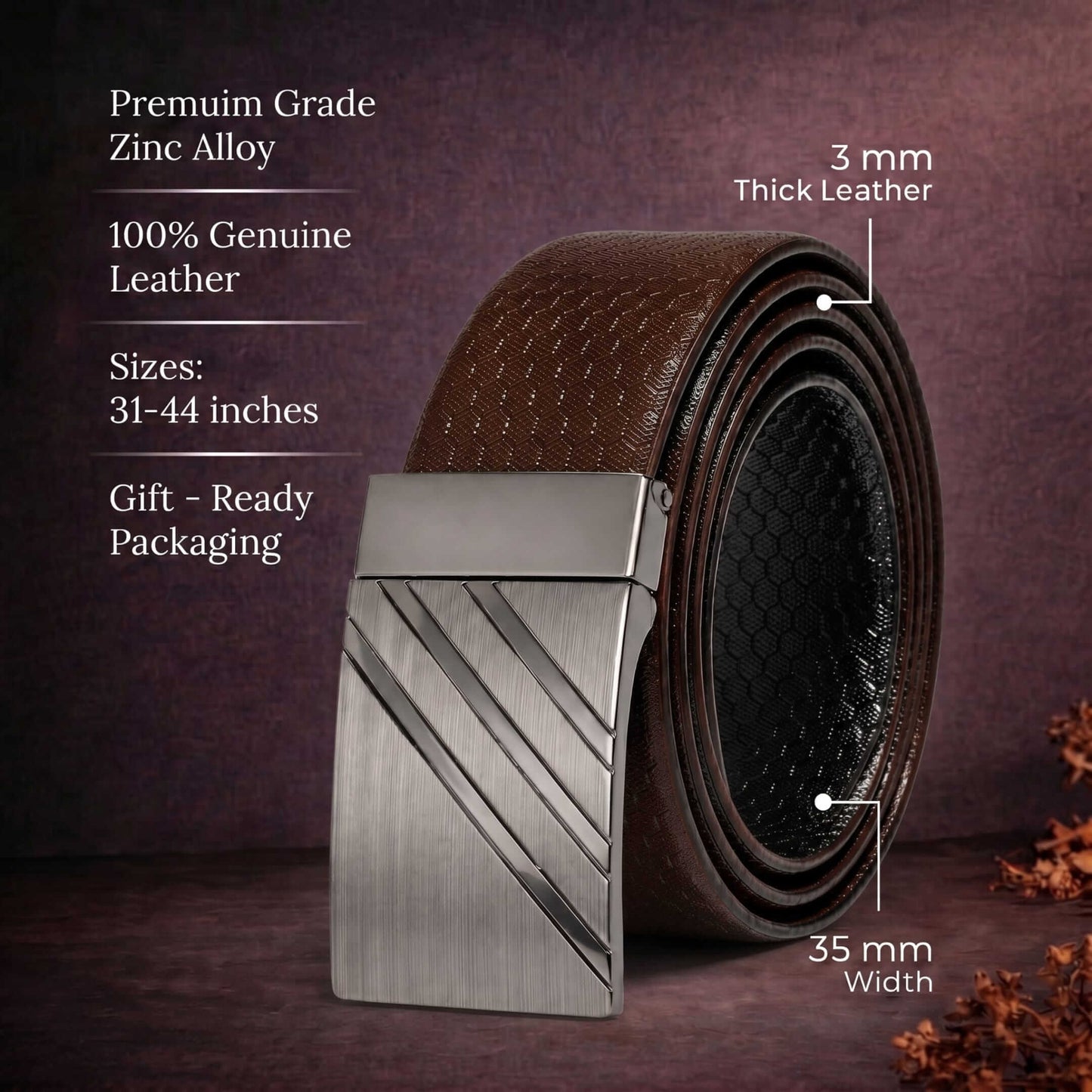 Mens 100% Genuine Leather Belt - DIAGONOX Smooth Auto Plate (Brown & Black Reversible) — Leather Belts for Men | THE MEN THING