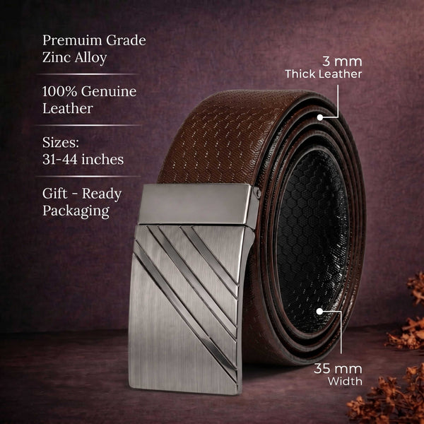 Mens 100% Genuine Leather Belt - DIAGONOX Smooth Auto Plate (Brown & Black Reversible)