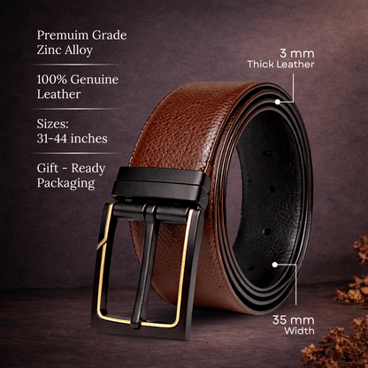 Mens 100% Genuine Leather Belt - DORVEX Smooth Deep Tone (Brown & Black Reversible) — Leather Belts for Men | THE MEN THING