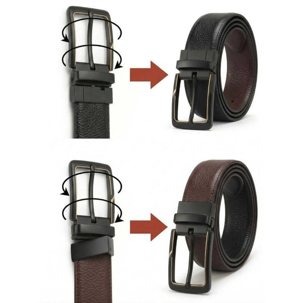 Mens 100% Genuine Leather Belt - DORVEX Smooth Deep Tone (Brown & Black Reversible)