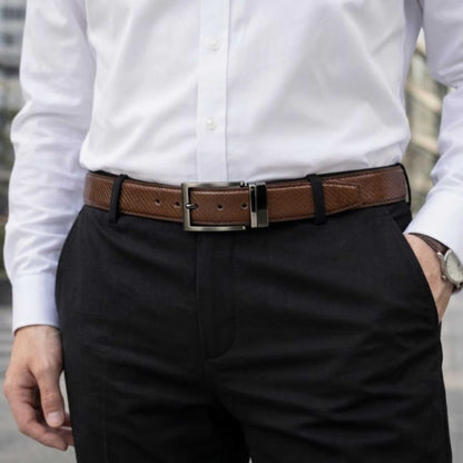 Mens 100% Genuine Leather Belt - DUALCOR Diamond Grid Emboss (Brown & Black Reversible) — Leather Belts for Men | THE MEN THING