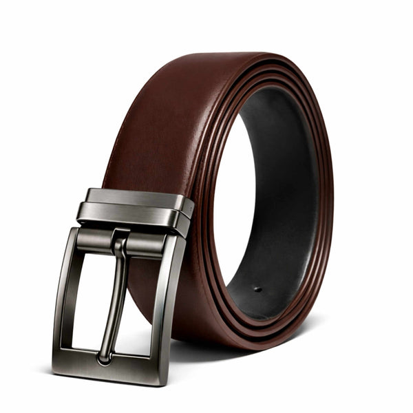 Mens 100% Genuine Leather Belt - DUALIX Smooth Matte (Brown & Black Reversible)