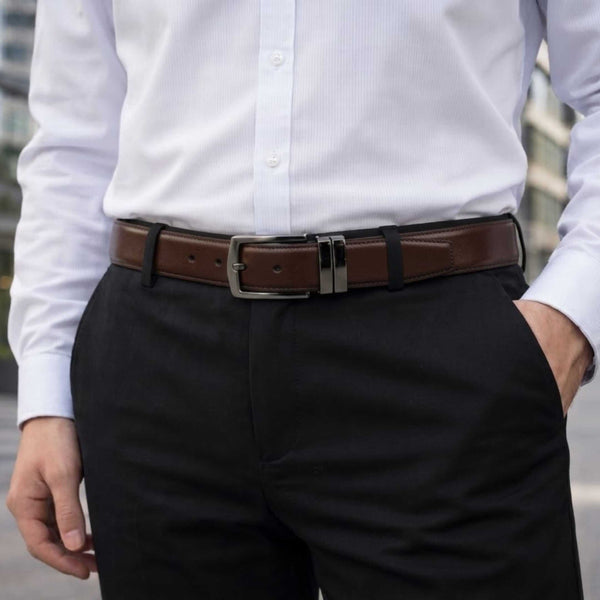 Mens 100% Genuine Leather Belt - DUALIX Smooth Matte (Brown & Black Reversible)