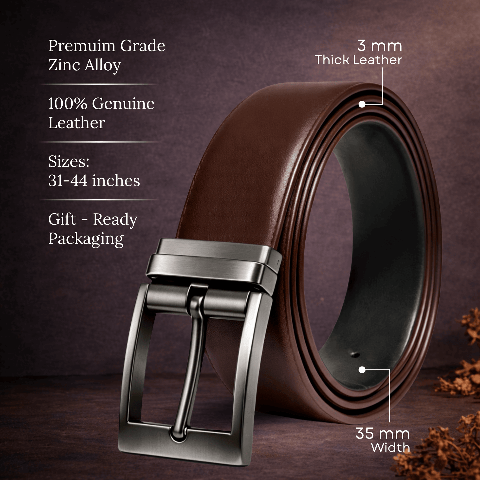 Mens 100% Genuine Leather Belt - DUALIX Smooth Matte (Brown & Black Reversible) — Leather Belts for Men | THE MEN THING