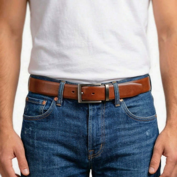 Mens 100% Genuine Leather Belt - DUALON Smooth Classic (Brown & Black Reversible)