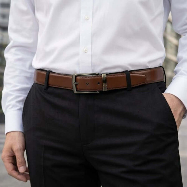 Mens 100% Genuine Leather Belt - DUALON Smooth Classic (Brown & Black Reversible)
