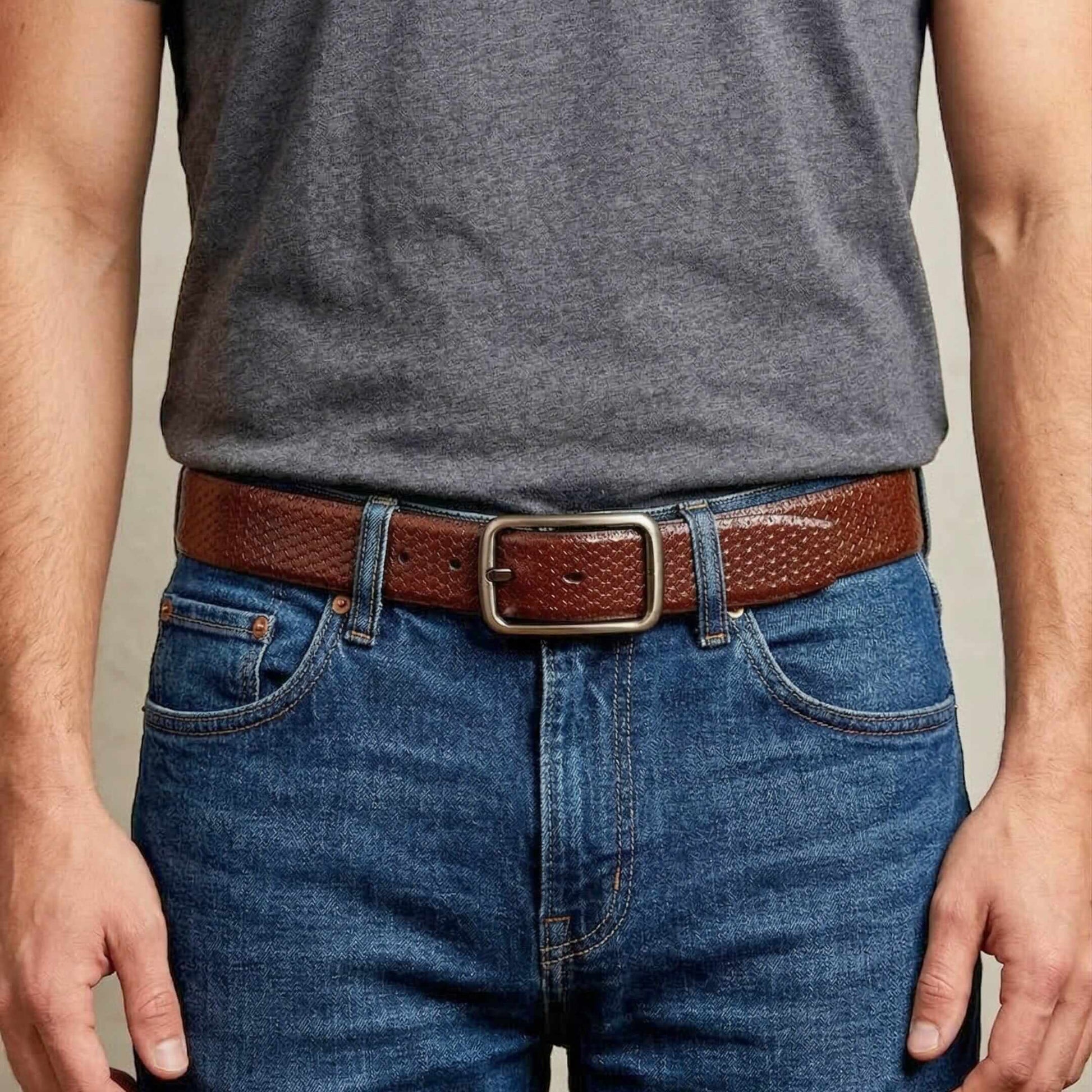 Mens 100% Genuine Leather Belt - DUALTEX Grid Weave Emboss (Brown & Black Reversible) — Leather Belts for Men | THE MEN THING
