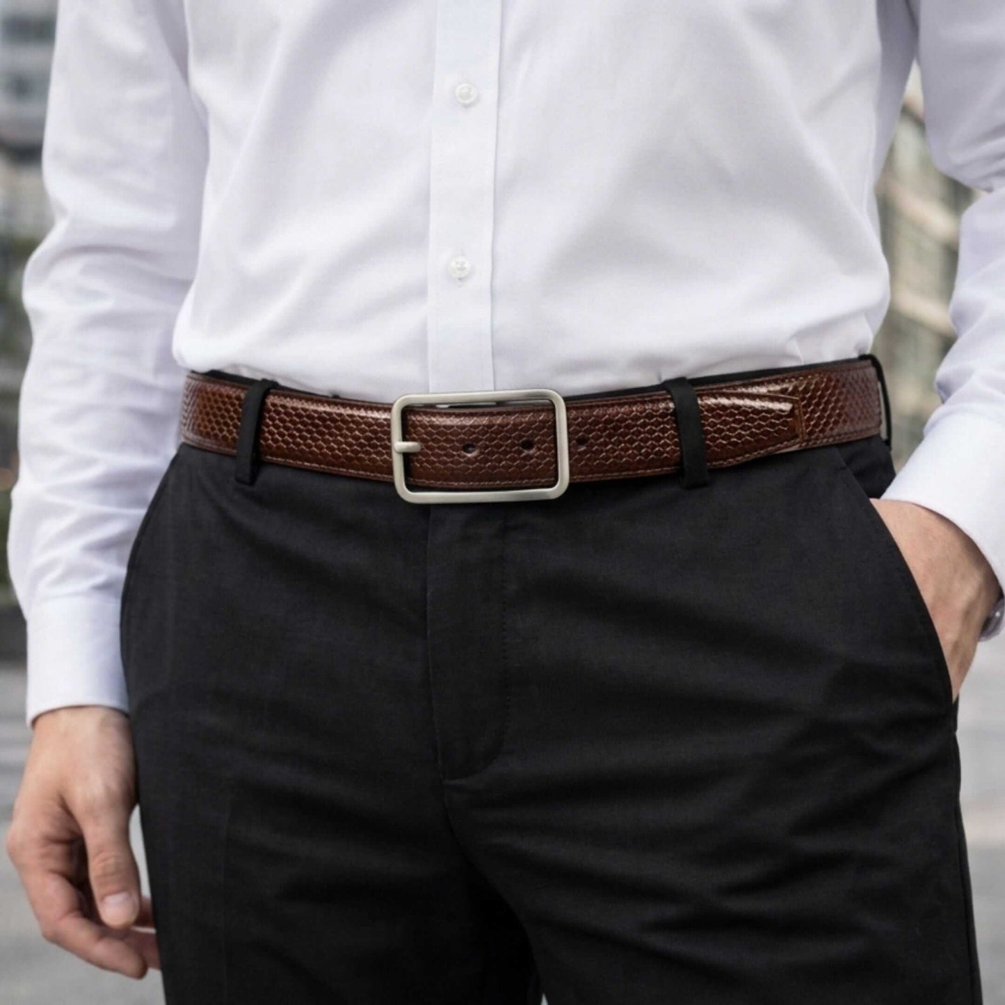Mens 100% Genuine Leather Belt - DUALTEX Grid Weave Emboss (Brown & Black Reversible) — Leather Belts for Men | THE MEN THING