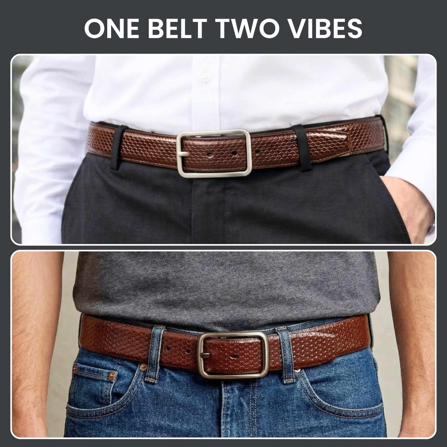 Mens 100% Genuine Leather Belt - DUALTEX Grid Weave Emboss (Brown & Black Reversible) — Leather Belts for Men | THE MEN THING