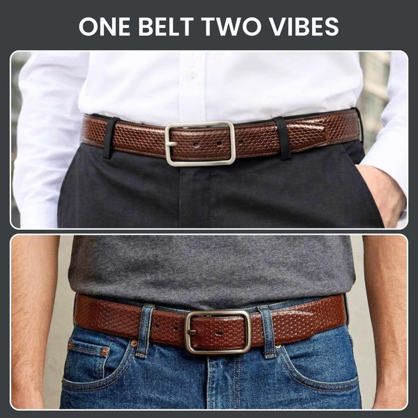 Mens 100% Genuine Leather Belt - DUALTEX Grid Weave Emboss (Brown & Black Reversible)