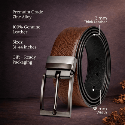 Mens Genuine Leather Belt | 2 in 1 Reversible (Brown & Black) (1 Pc.) - DURON - THE MEN THING