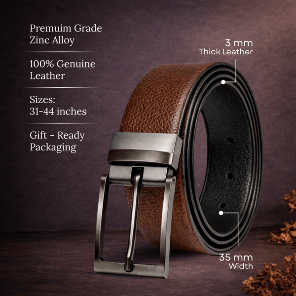 Mens 100% Genuine Leather Belt - DURON Fine Grain Finish (Brown & Black Reversible)