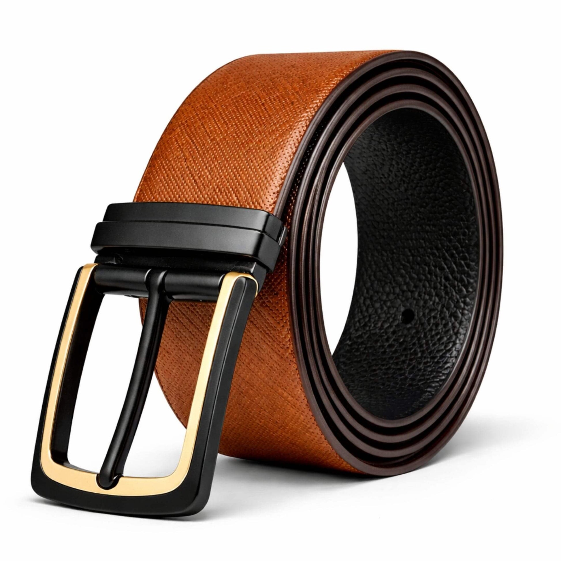 Mens 100% Genuine Leather Belt - GOLDENSCAPE Fine Grain Tan Core (Brown & Black Reversible) — Leather Belts for Men | THE MEN THING