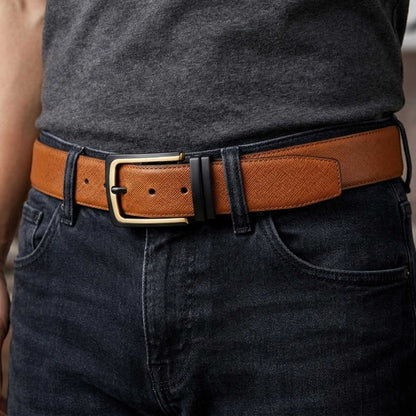 Mens 100% Genuine Leather Belt - GOLDENSCAPE Fine Grain Tan Core (Brown & Black Reversible) — Leather Belts for Men | THE MEN THING