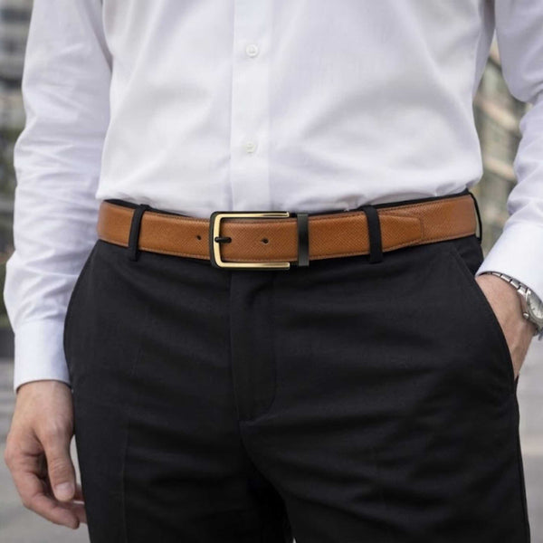 Mens 100% Genuine Leather Belt - GOLDENSCAPE Fine Grain Tan Core (Brown & Black Reversible)