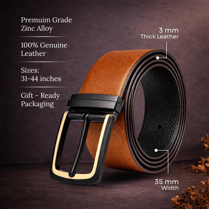 Mens 100% Genuine Leather Belt - GOLDENSCAPE Fine Grain Tan Core (Brown & Black Reversible) — Leather Belts for Men | THE MEN THING