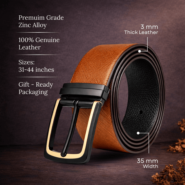 Mens 100% Genuine Leather Belt - GOLDENSCAPE Fine Grain Tan Core (Brown & Black Reversible)