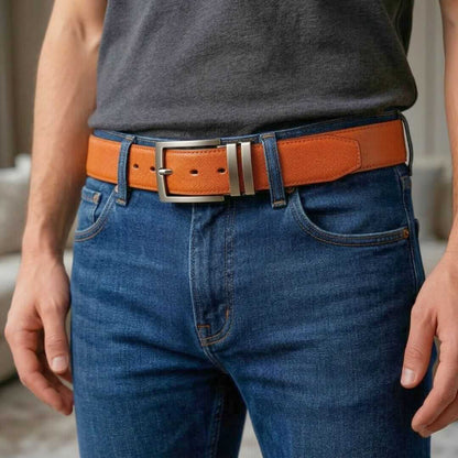 Mens 100% Genuine Leather Belt - GRAVEX Saffiano Texture (Brown & Black Reversible) — Leather Belts for Men | THE MEN THING